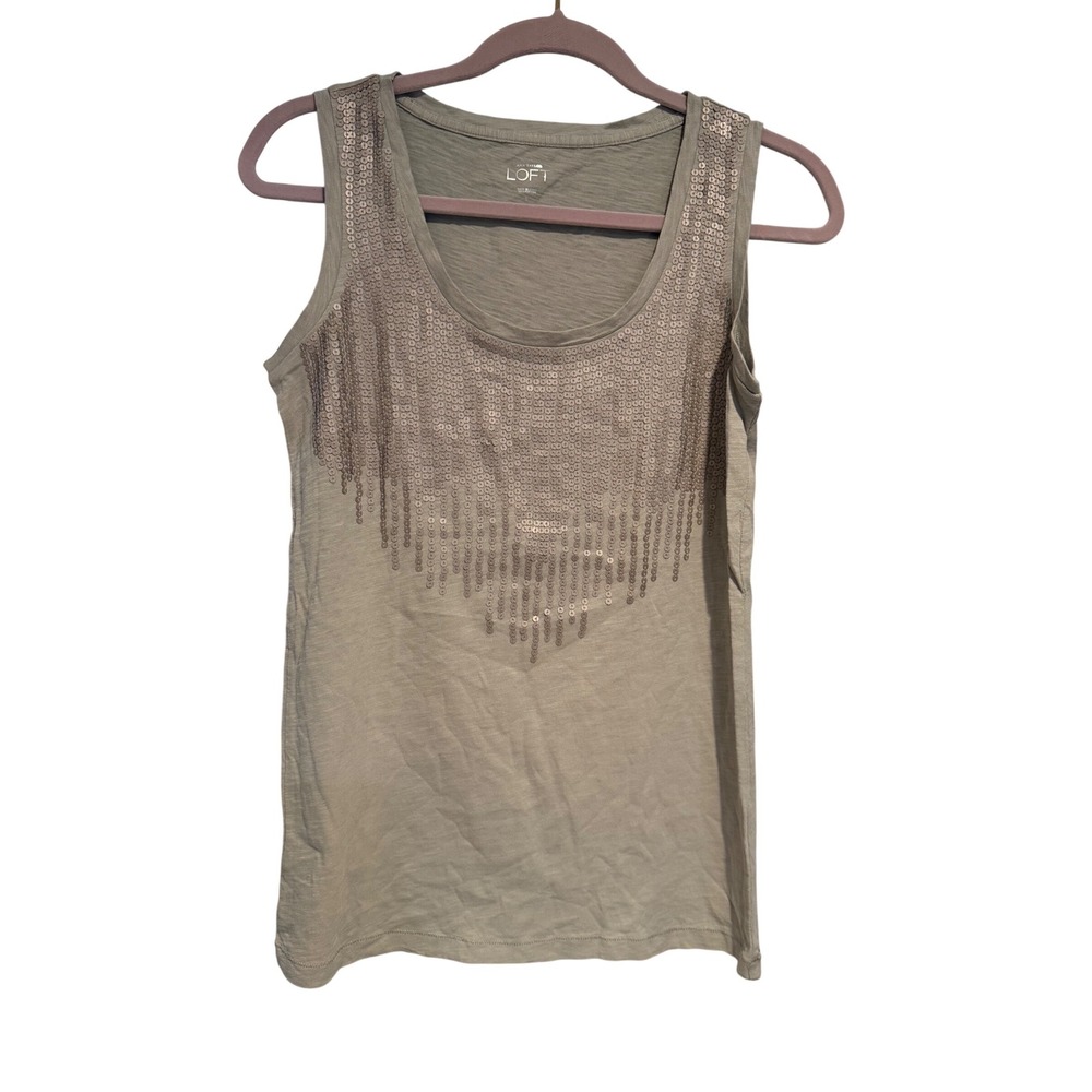 Ann Taylor LOFT Sequin Tank Top Taupe Gray Scoop Neck Sleeveless Small NEW